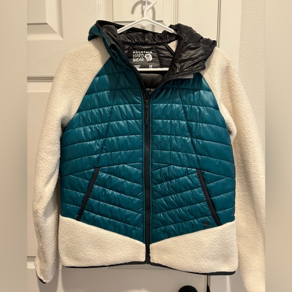 Mountain Hardwear hybrid hoodie, teal puffer jacket with white sherpa sleeves - Picture 1 of 5